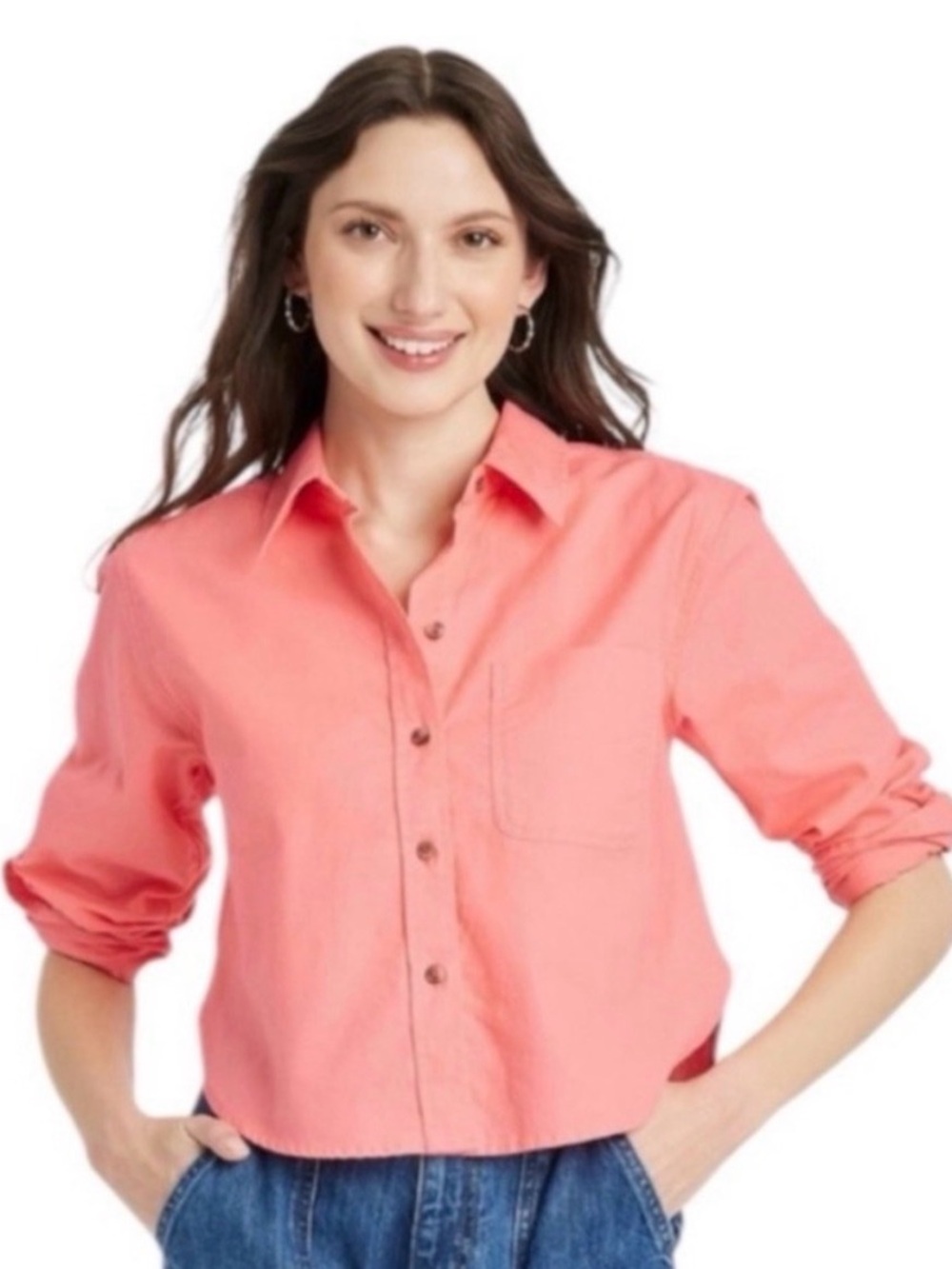 Universal Thread Cropped Pink Button Down Shirt